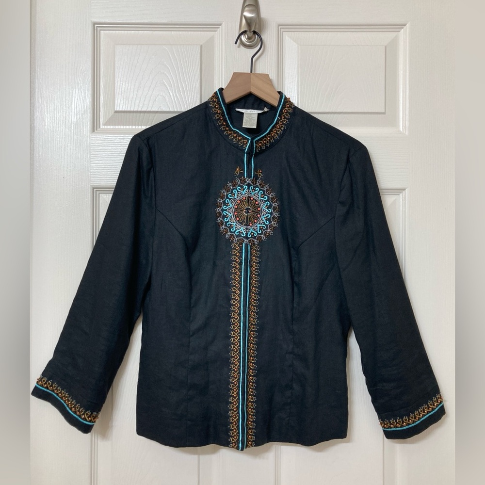 Vintage Women’s Beaded Embroidered Black Linen Jacket 12 Artsy Eclectic Grandma